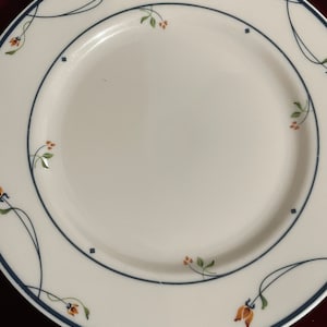 May include: White ceramic dinner plate with a navy blue border and floral design. The plate features a navy blue border with a thin navy blue line and a floral pattern with orange and green accents. The plate has a simple, elegant design.