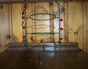 Wrought Iron Decorative Pie Stand 3 Tiered Green with Red Apples and Leaves  Metal Plant Stand Farmhouse Decor