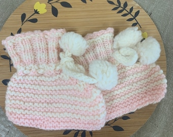 Vintage Knitted Baby Booties: Pink & White Pom Pom Ties