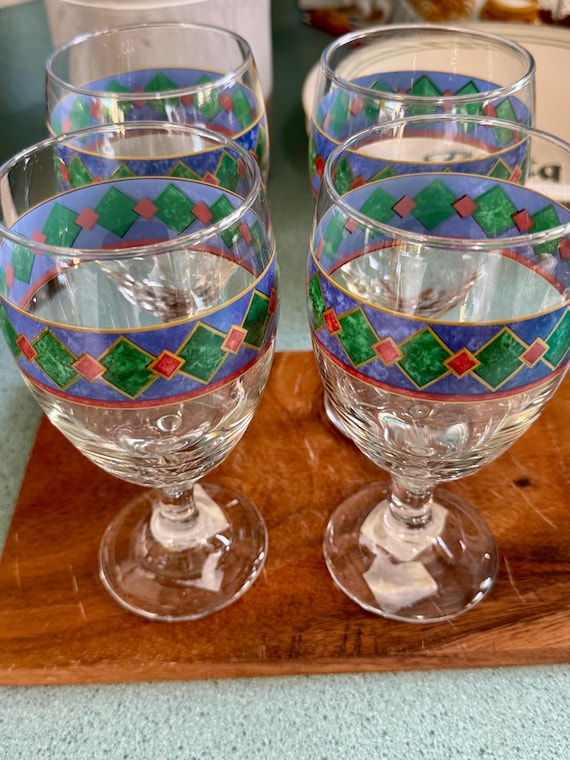 Pfaltzgraff Amalfi Iced Tea Glasses Geometric Red Green Blue Stemware Set of 4