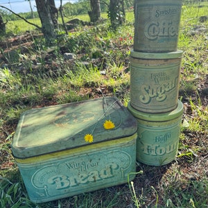 Vintage Metal Canisters & Bread Box Green Wheat Heart Brand Rustic 1970’s Farmhouse Kitchen Decor Rusty Tins Set of 4 READ DETAIL