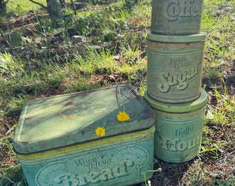 Vintage Metal Canisters & Bread Box Green Wheat Heart Brand Rustic 1970’s Farmhouse Kitchen Decor Rusty Tins Set of 4 READ DETAIL