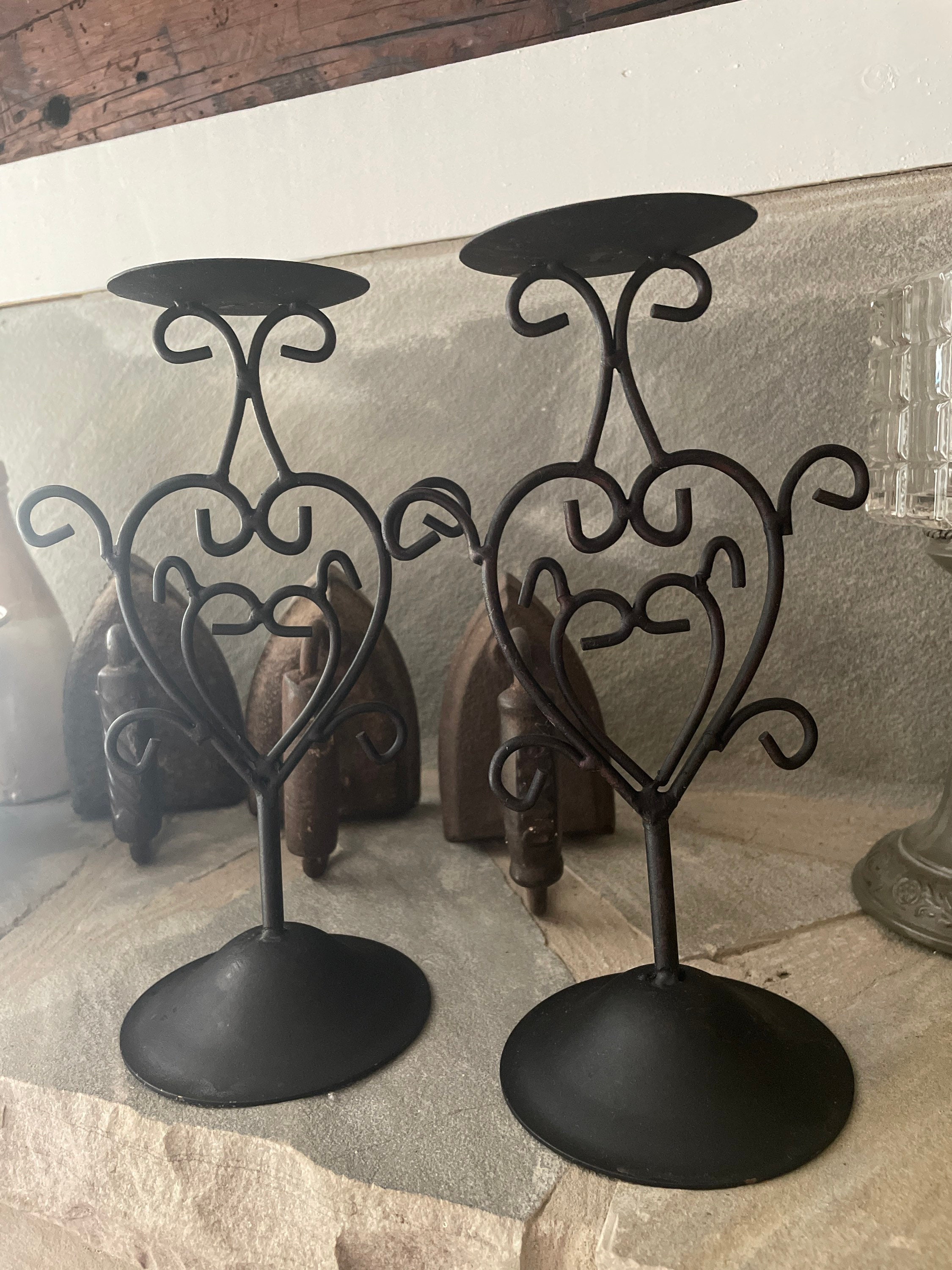 Vintage Wrought Iron Pillar Candle Holders Heart Shaped Etsy