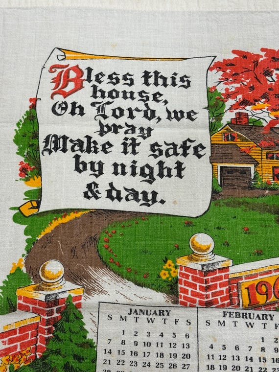Vintage 1968 Cotton Wall Calendar Tea Towel Farmhouse Kitchen