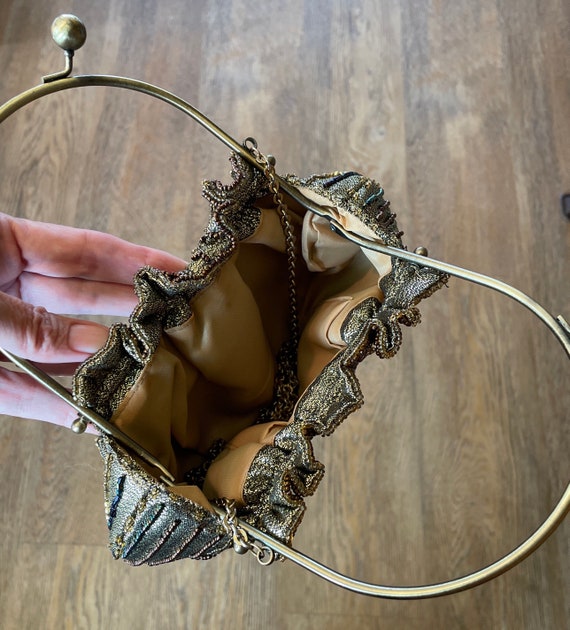 Gold Lame’ Hand Beaded Purse Formal Evening Bag V… - image 3