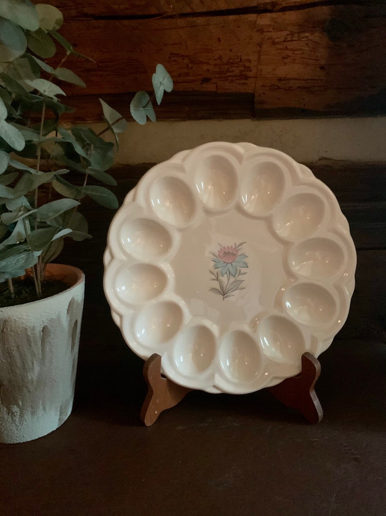 Steubenville USA Pottery Fairlane Pink Blue Floral #A Vintage 1950s Holds 12 Eggs 9\u201d Deviled Egg Platter