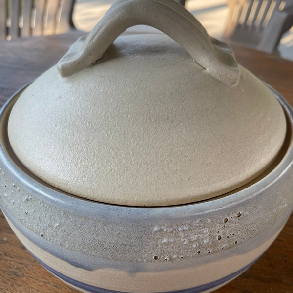 Vintage Studio Pottery Bowl Clay Casserole with Lid Handthrown Pottery Tureen Blue Gray Glaze, T11