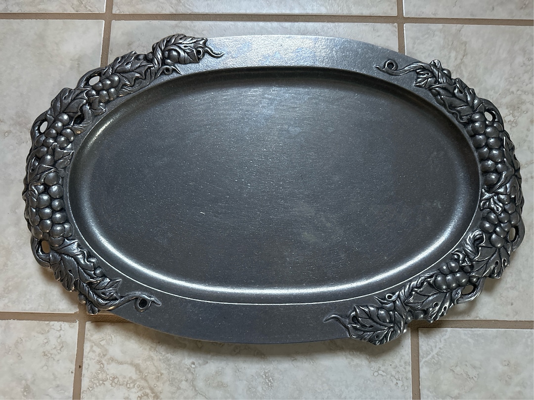 Vintage Pewter Serving Tray Oval Grape Patter Decorative Serving Platter Coffee Table Art READ