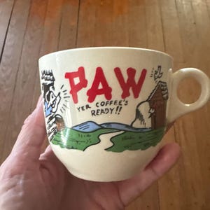 Tasse en poterie USA vintage Coffee Cup Country Farm 1950's Paw Yer Coffee's Ready Cartoon Nouveauté USA vintage Coffee Bar Area Mug Tasse T21