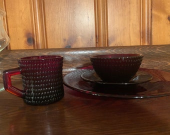 Vintage Ruby Red Glass Dinnerware Hobnail Basket Weave Glass Pattern 1 Place Setting Available with 5 Pieces READ DETAIL