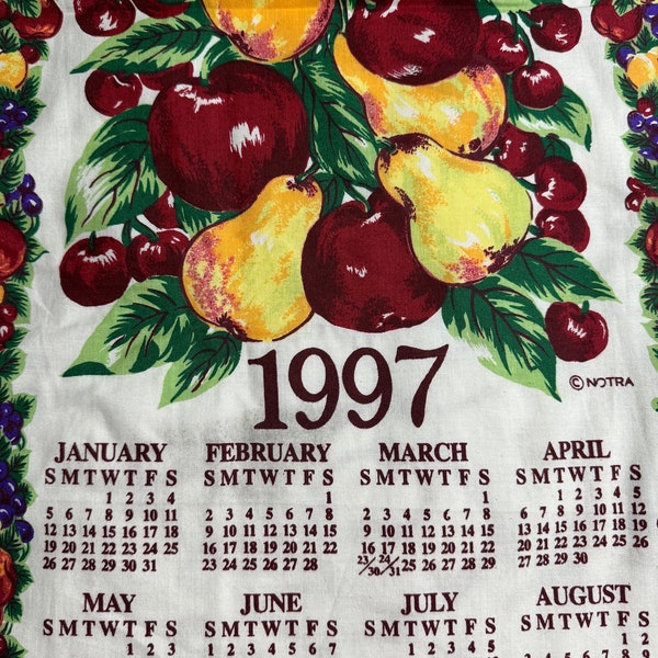 Vintage Cotton Wall Calendar 1997 Sri Lanka Fruit Pattern Tea Towel Farmhouse Summer Spring Christmas Kitchen Decor