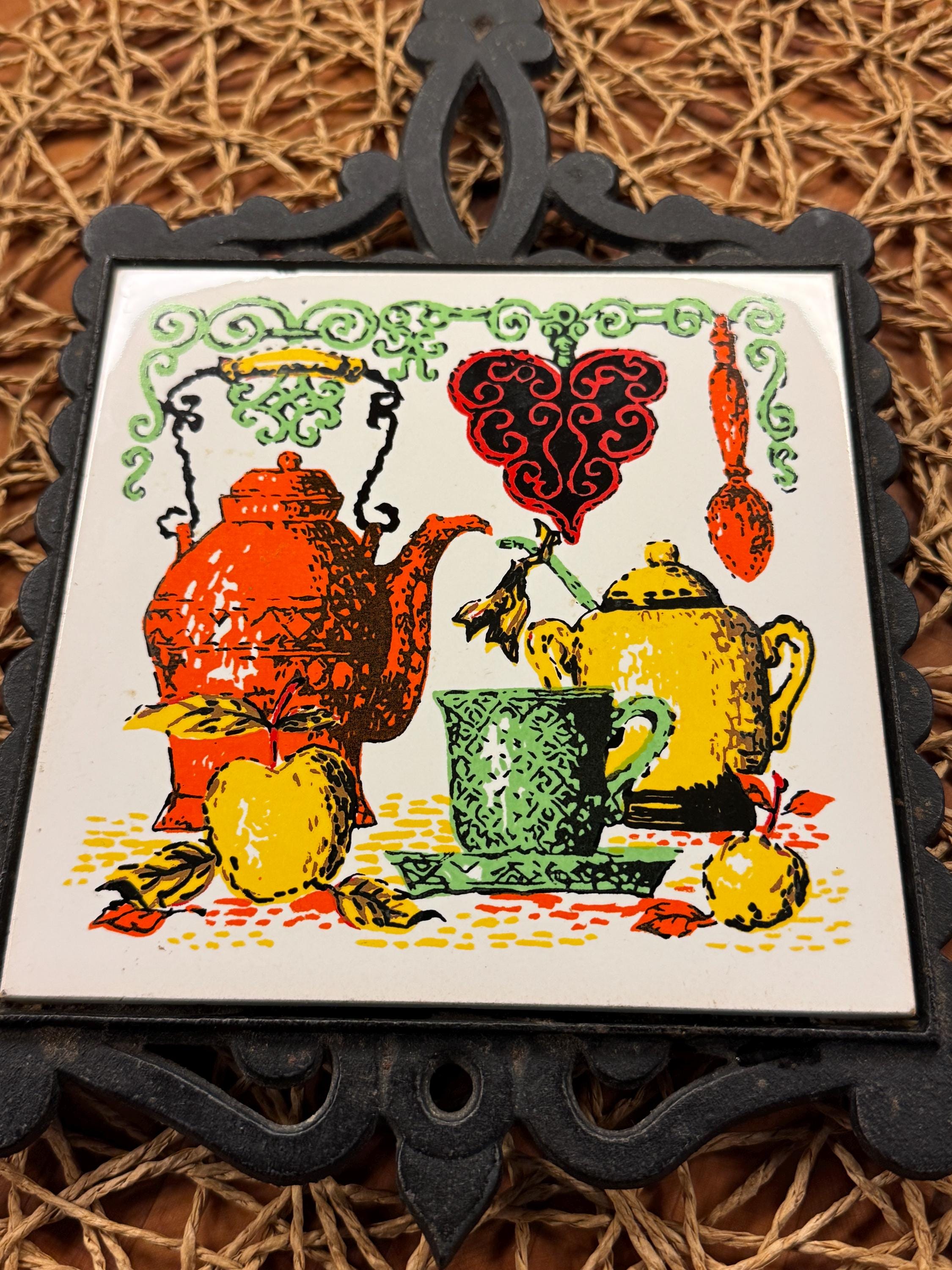 Vintage Cast Iron Trivet Orange & Yellow Kettle Tile Lobeco Japan