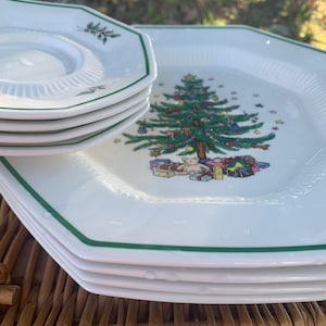 Nikko Christmastime Snack Plates Saucers or Cups Christmas Tree Pattern Ribbed Sides Nikko China by the Piece T8