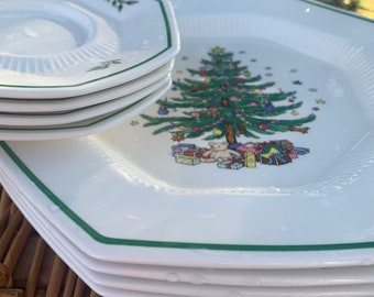 Nikko Christmastime Dinner Plates and Saucers, Christmas Tree Pattern Ribbed Sides, Nikko China by the Piece T8