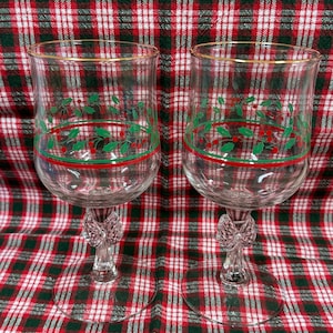 Vintage Libbey Christmas Wine Glasses Holly Berry & Ribbon Gold Trim Set of 2 LS