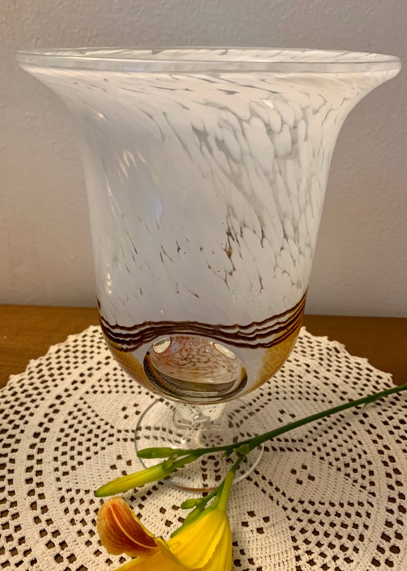 Vintage Italian Art Glass Vase: Handblown Brown, Gold & White Swirl image 7