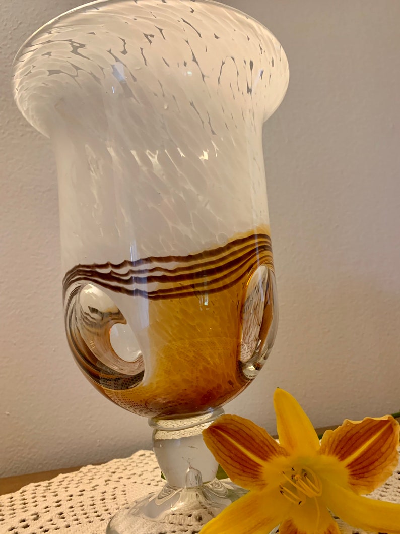 Vintage Italian Art Glass Vase: Handblown Brown, Gold & White Swirl image 5