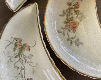 Antique Floral Bone Dishes: Gold Trim Crescent Plates, Set of 3