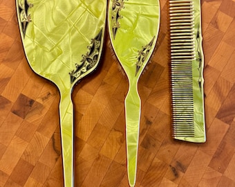 Victorian Style Celluloid Vanity Set: Green Pearlescent Brush, Comb & Mirror