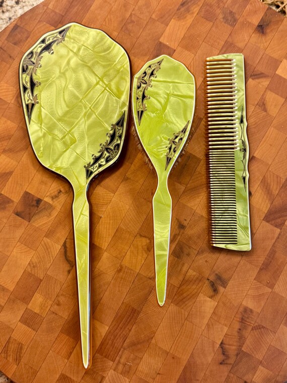Victorian Style Celluloid Vanity Set: Green Pearlescent 