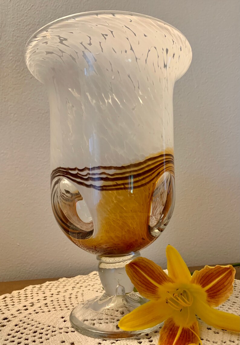 Vintage Italian Art Glass Vase: Handblown Brown, Gold & White Swirl image 1