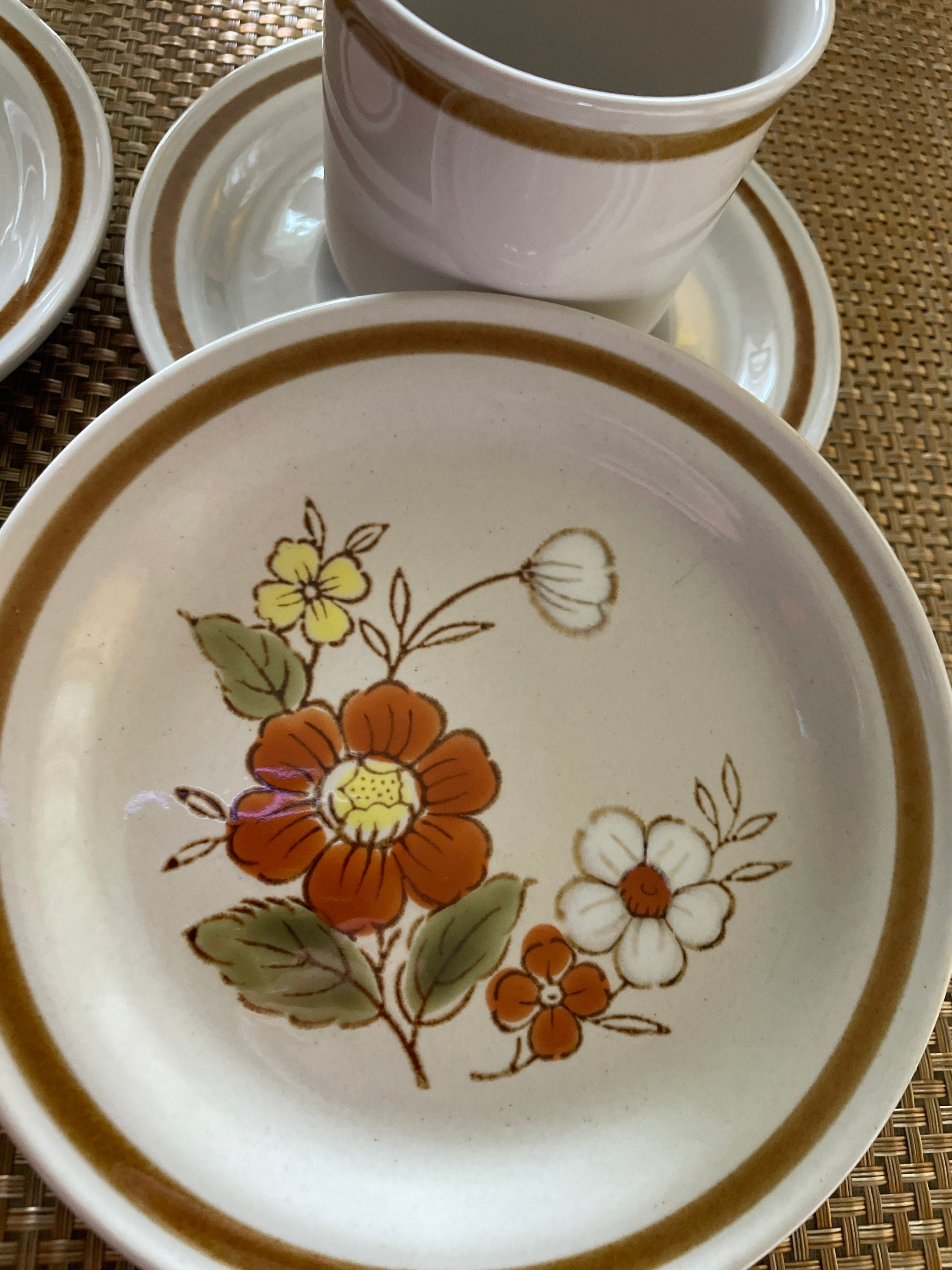 Vintage Mountain Wood Stoneware Coffee Cup and Plate Set, Trellis