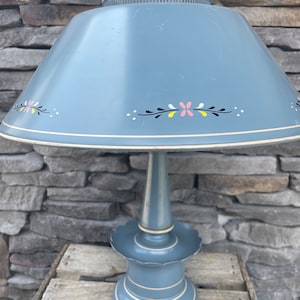 Vintage Toleware Metal Table Lamp Blue Enamel Pink and Yellow Floral Accents Mid Century Farmhouse Home Decor Metal Lamp READ DETAIL