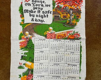 Vintage 1968 Cotton Wall Calendar Tea Towel Farmhouse Kitchen