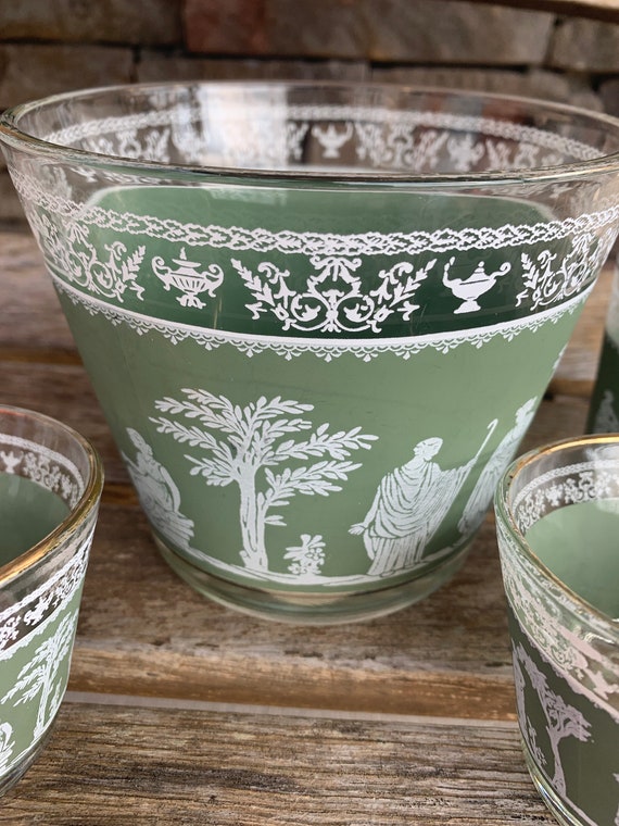 Vintage Hellenic Green Jeannette Glass Ice Bucket and Bar Set