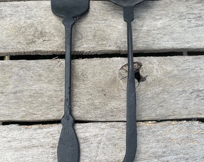 Vintage Cast Iron Ladle and Fork, Black Metal Serving Utensils, Black