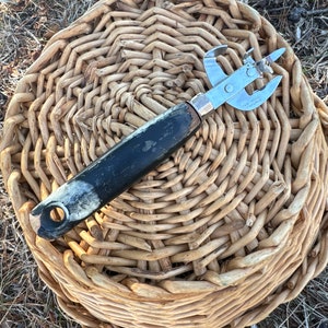 EKCO A&J Wood Handle Can Opener Vintage Black Wood and Stainless Steel Can Tapper Bottle Opener Utensils, Read Detail