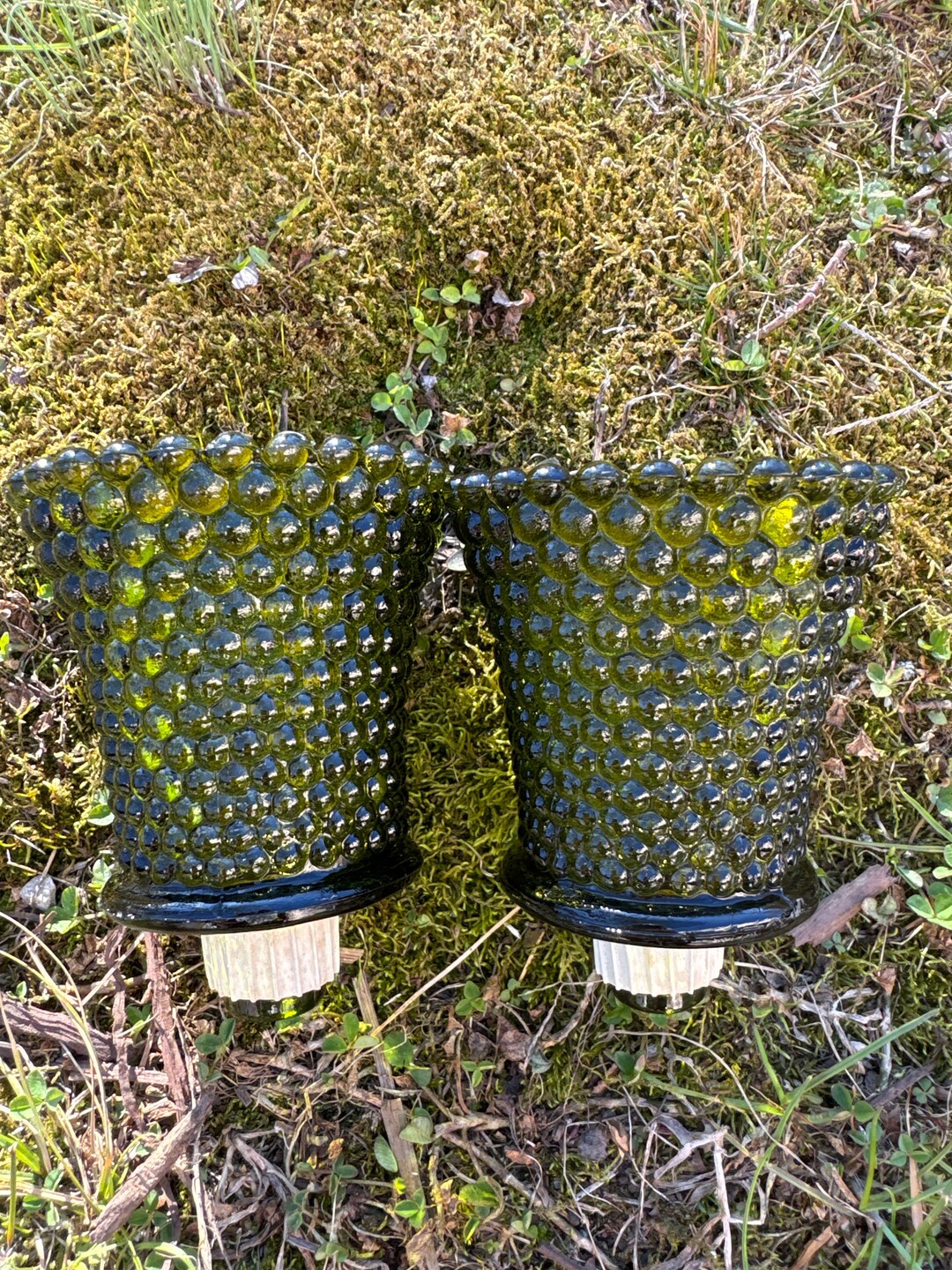 Vintage Green Glass Votive Peg Candle Holders Avocado Green Sconce