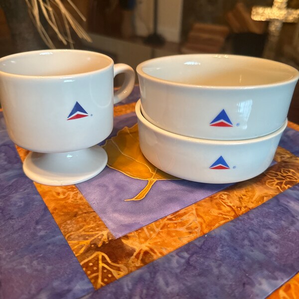 Delta Airlines Abco Tableware USA Delta Logo Bowls and Footed Cup Stackable First Class Dinnerware Set of 3 T19 READ DETAILS