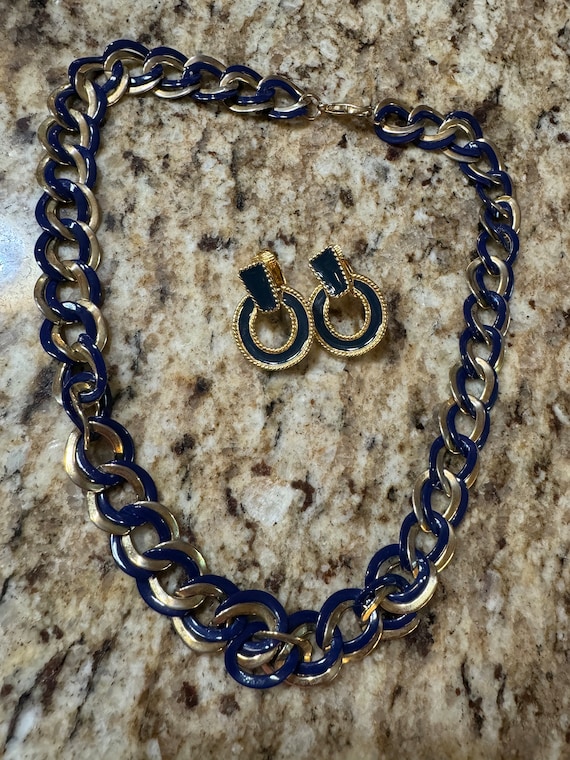 Vintage Royal Blue Enamel Necklace and Clip Earrings Set