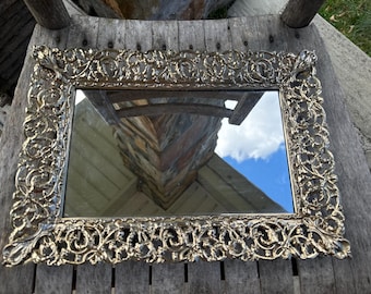 Vintage Mirrored Vanity Tray: Scrolled Metal Trim, Boudoir Decor