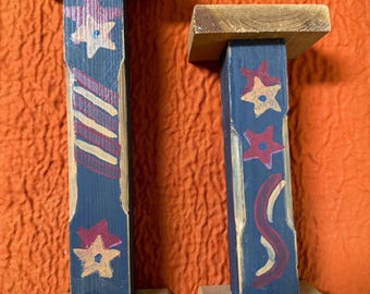 Handmade Folk Art Wooden Candle HoldersStars & Swirls Red and Blue Set of 2