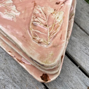 Studio Pottery Triangular Snack Plates Salmon Pink Leaf Pattern Condiment Plates Handmade Pottery Dinnerware Set of 5, #C2 READ DETAIL