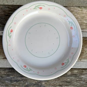 Corelle Calico Rose Salad Plates Dinnerware Vintage Corning Corelle Pink Mint Green Floral Dots Farmhouse Vitrelle Set of 4 READ DETAIL