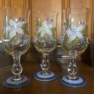 Blown Glass Goblets Hand Painted Ice Blue Floral Water Goblets Vintage Blue Stemware Blue Wine Glasses Barware, Set of 3, #T11