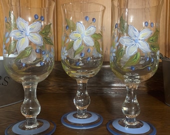 Vintage Blown Glass Goblets: Hand-Painted Floral Stemware, Set of 3