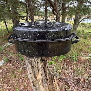 Vintage Enamelware Roasting Pan Dutch Oven Black Splatter Ware Rustic Farmhouse Mid Century Decor Enamelware Cookware READ DETAIL