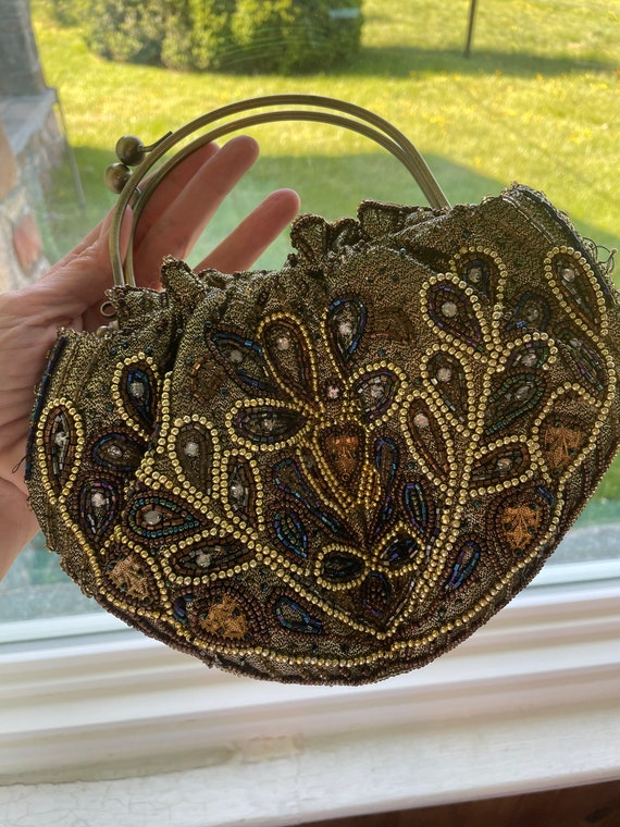 Gold Lame’ Hand Beaded Purse Formal Evening Bag V… - image 2
