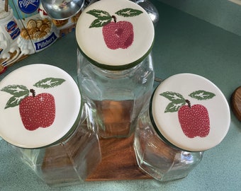 Botes de vidrio de gres con tapa de manzana y borde verde, decoración de cocina rústica, juego de 3 #B1B LEER DETALLE