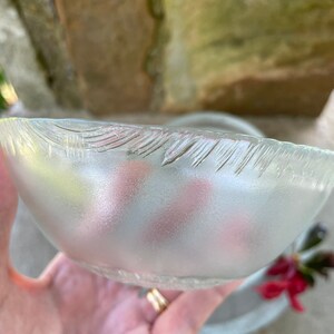 May include: A frosted glass bowl with a textured rim. The bowl is held in a hand, with a blurred background of stone and foliage. The bowl's interior reflects soft pink and yellow hues.