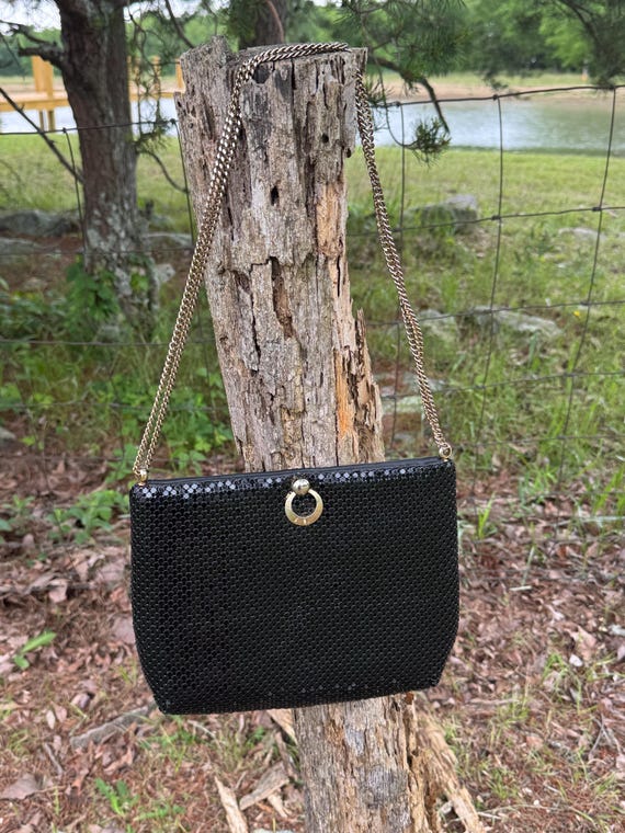 Vintage Whiting and Davis Black Metal Mesh Evening Bag With Chain
