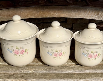 Vintage 1980s Pfaltzgraff Tea Rose Stoneware Canister Set 3 Piece Country Cottage Kitchen Counter Jars with Lids Made in USA