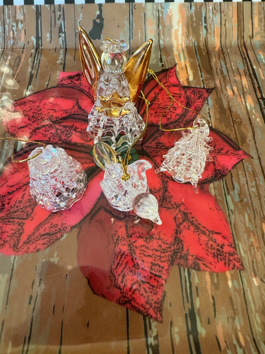 Spun Glass Christmas Tree Ornaments Miniatures Angel Bell Tree and Dove