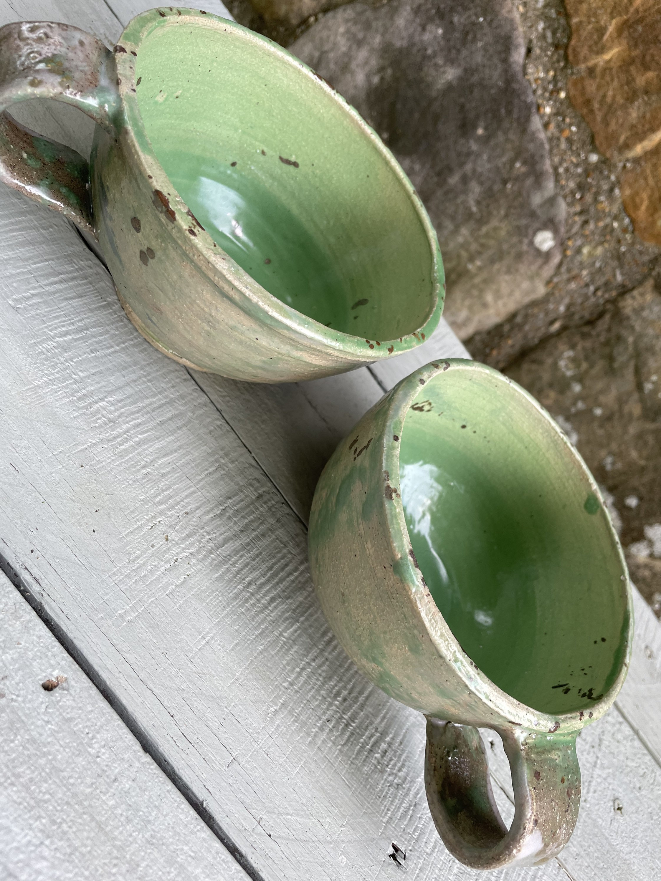 Green Glaze Studio Pottery Mugs: Hand Thrown Rustic Coffee Cups, Set of 2