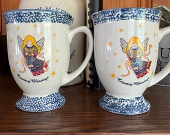 Tazze da caffè vintage con angelo natalizio - Set di 2 tazze in spugna blu B8B