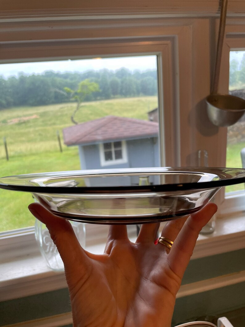 May include: A clear glass bowl with a dark brown rim, held in a hand with a gold ring. The bowl is empty and appears to be made of thick glass.